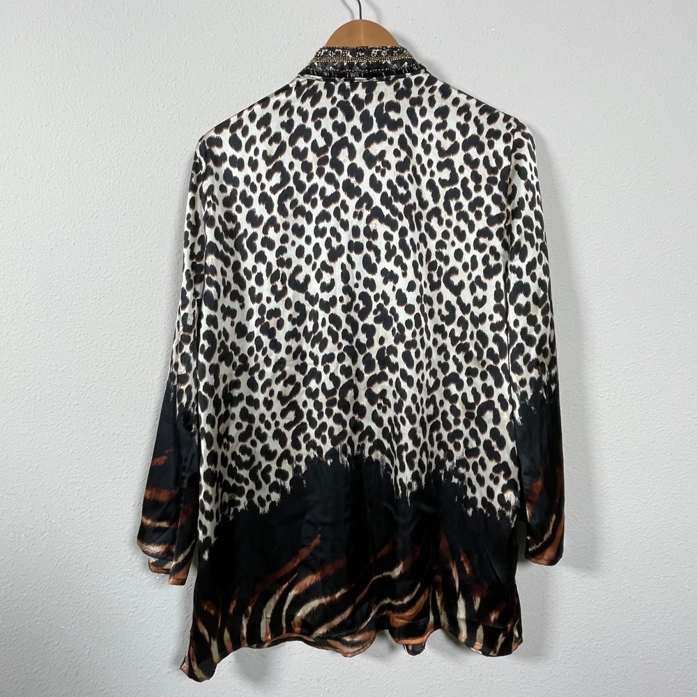 Chico's Leopard Print Beaded Collar Tunic Shirt Womens 2 Large Brown Sequin Glam - Picture 5 of 10